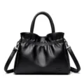 Black leather hobo shoulder bag casual tote purse with adjustable strap for daily women - Black