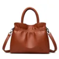 Brown leather crossbody handbag, stylish bucket tote bag with top handle and strap for women. - Yellow