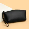 Black genuine leather clutch bag, simple stylish wristlet wallet for daily use and cards. - Black
