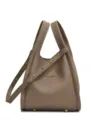 Stylish taupe bucket bag with top handles and pebbled leather texture for women. - Single Bag / Elephant Gray