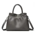Grey leather shoulder bag, stylish drawstring bucket tote bag for women daily commuting work. - Dark Gray