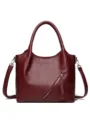 Wine red soft leather shoulder bag for women, casual tote with diagonal zipper pocket and straps. - Dark Red