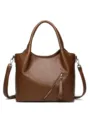 Brown soft leather tote bag for women, stylish casual single shoulder commuter handbag. - Brown