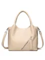 Beige soft leather tote bag, casual shoulder bag with diagonal zipper and dual top handles. - Khaki