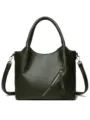 Dark green soft leather tote bag for women, stylish shoulder bag with diagonal front zipper. - Green