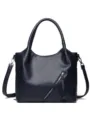 Women's dark blue soft leather tote bag, stylish commuter shoulder bag with zipper pocket. - Deep Blue