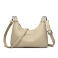 Beige hobo shoulder bag, casual vegan leather crossbody handbag with adjustable web strap. - Apricot