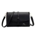 Black leather shoulder bag for women, stylish casual crossbody handbag with flap closure. - Black
