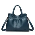 Dark blue leather drawstring hobo handbag, stylish shoulder crossbody bag for women daily commuting. - Blue