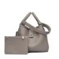 Grey pebble leather bucket bag with pouch, stylish shoulder crossbody tote for women. - Elephant Gray