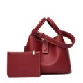 Red litchi pattern soft leather bucket bag and pouch set, elegant women commuting tote. - Sunset Red