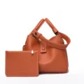 Sac seau en cuir souple motif litchi pour femmes, sac à main élégant avec une pochette. - Orange étoilé
