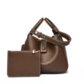 Sac seau marron en cuir souple motif litchi avec pochette assortie pour femmes actives - Café bois brûlé