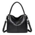 Black leather shoulder handbag, stylish casual tote bag for women, versatile daily use. - Black