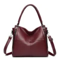 Women's Red Leather Shoulder Bag Casual Tote Top Handle Handbag Large Capacity Versatile - Red