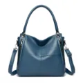 Blue leather shoulder bag for women, stylish large tote handbag with top handle and strap. - Blue