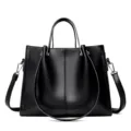 Black leather tote bag for women, large capacity business commuter shoulder handbag. - Black