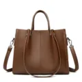 Brown soft leather tote bag, casual business commute handbag with wide shoulder strap. - Brown