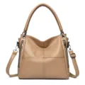 Khaki leather shoulder handbag, stylish versatile tote bag for women daily commute style. - Light Khaki