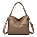 Brown leather women's shoulder bag, stylish casual tote handbag with top handles and strap. - Dark Khaki