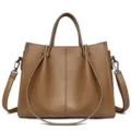 Brown soft leather tote bag for women, large capacity commuting shoulder and crossbody bag. - Deep Khaki