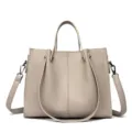 Beige soft leather tote bag women business commute large capacity shoulder crossbody bag - Light Gray