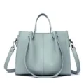 Light blue soft leather tote bag for women, versatile business commuting shoulder crossbody bag. - Ice Blue