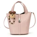Pink leather bucket bag with cute bear pendant, stylish shoulder handbag for women variant. - With Pendant / Pink
