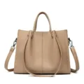 Khaki soft leather tote bag, casual commuter handbag with shoulder strap and large capacity. - Khaki