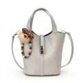 Grey bucket bag with cute bear charm, stylish leather handbag with shoulder strap. - With Pendant / Blue