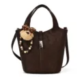 Brown leather bucket bag with cute bear pendant, stylish handbag for women everyday use. - With Pendant / Coffee
