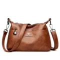 Bruine lederen schoudertas, trendy vintage crossbody handtas met metalen hardware. - Geelbruin