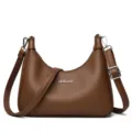 Brown leather shoulder bag for women, stylish hobo purse with silver hardware and adjustable strap. - Coffee