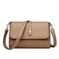 Brown leather shoulder bag, elegant flap crossbody bag with metal clasp for women. - Camel