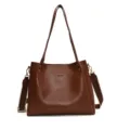 Women large capacity brown bucket bag casual fashion shoulder handbag with wide strap - Brown