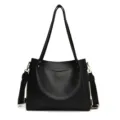 Stylish black women tote bag, large capacity casual shoulder bucket bag with wide strap - Black