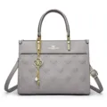 Grey leather quilted tote bag for women, large capacity handbag with elegant chain pendant. - Gray