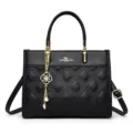Black quilted leather tote bag for women, elegant top handle shoulder bag with gold chain. - Black