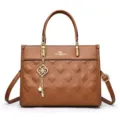 Stylish brown leather quilted tote bag for women with top handle, large capacity and elegant charm. - Yellow Brown