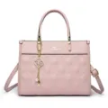 High quality solid color leather quilted tote bag for women, fashion handbag with chain. - Pink