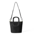 Details of black genuine leather bucket bag with unique handle and pebbled texture surface. - Upgrade Version / Black
