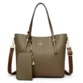 Brown PU leather mother-child tote bag with wide strap and pouch, casual large capacity. - Khaki