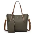 Womens tote bag soft leather shoulder bag casual large capacity handbag with small purse - Dark Khaki