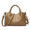 Retro brown leather shoulder bag, casual top handle tote bag with adjustable strap. - Apricot