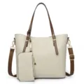 Beige soft leather tote handbag for women with matching pouch, large capacity design. - Off White