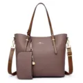 Brown PU leather tote bag women large capacity shoulder handbag with matching pouch and strap - Grey Purple