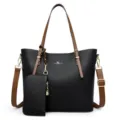 Large capacity soft leather tote bag with brown straps, crossbody handbag, two-piece set. - Black