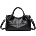 Vintage black leather handbag, casual patchwork tote bag with adjustable wide shoulder strap. - Black
