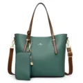 Green PU leather tote bag set with brown shoulder straps, casual commuter handbag for women. - Green