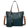 Dark green tote bag for women soft leather shoulder bag with matching pouch stylish handbag - Blue